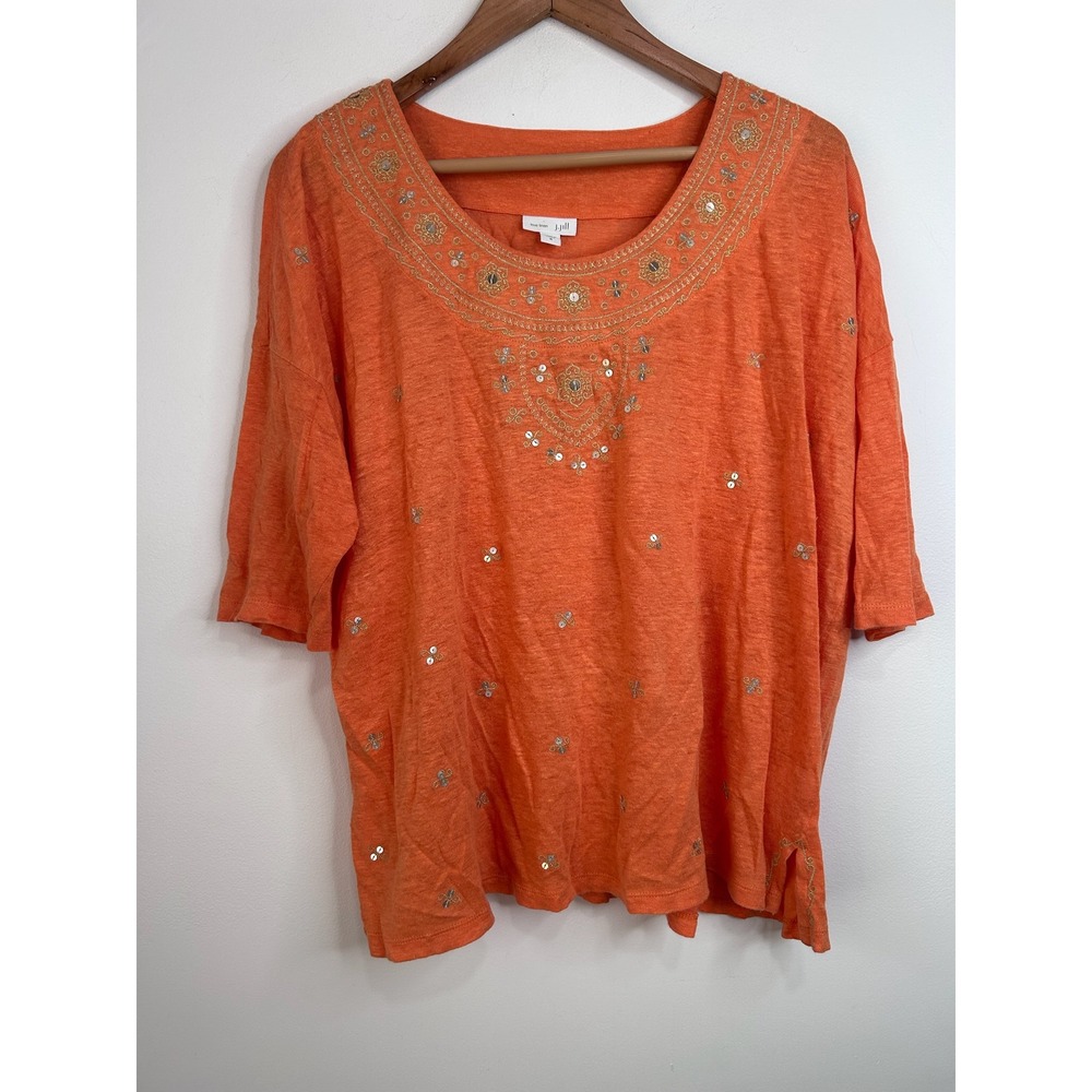 J Jill Love Linen Orange Embroidered Sequin Scoop Neck Top Womens‎ M Boho Artsy
